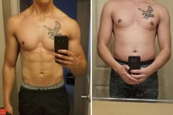 Homme montrant des abdos avant et après, perte de définition musculaire.