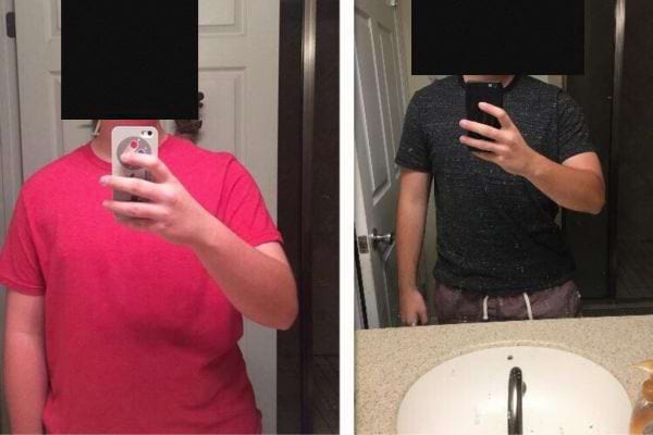Homme avant et après perte de poids, vue en miroir.