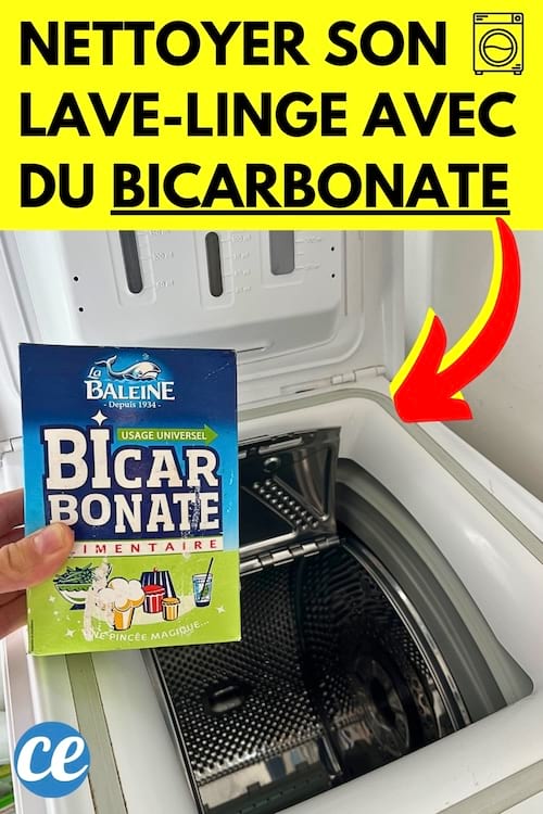 Une boîte de bicarbonate de soude devant une machine à laver pour la nettoyer