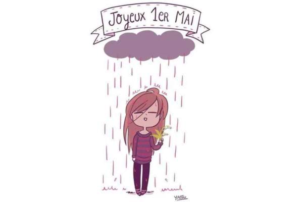 Femme sous la pluie avec un brin de muguet. Texte : "Joyeux 1er Mai." Atmosphère un peu maussade.