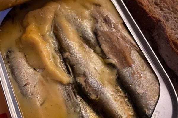 Sardines en conserve recouvertes de crème dans une boîte ouverte.