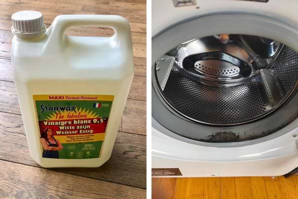 Un bidon de vinaigre blanc sur un sol en bois. Utilisé pour nettoyer les machines à laver.