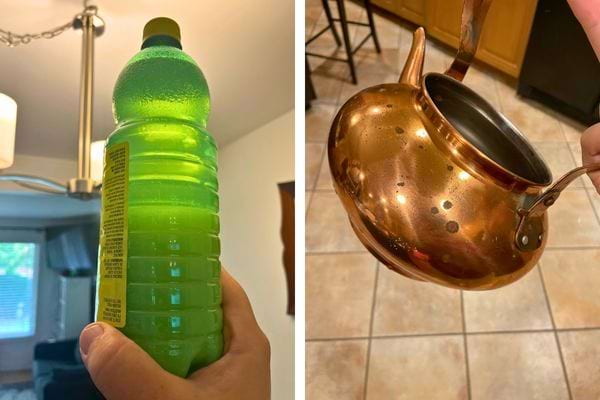 Bouteille de boisson gazeuse verte utilisée pour nettoyer le cuivre.