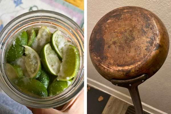 Citrons coupés en récipient pour nettoyage du cuivre.