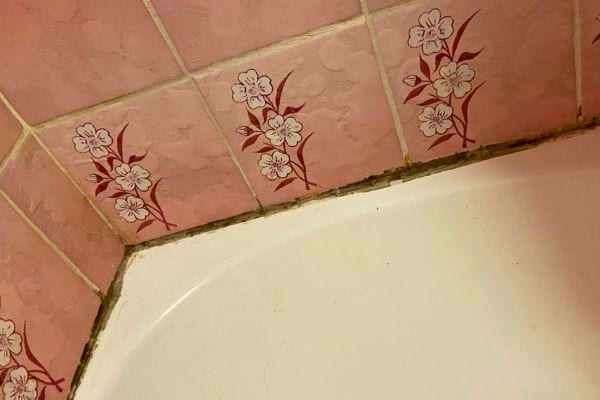 Bordure de baignoire avec joint de silicone rose et moule décoratif, montre des signes d'usure.