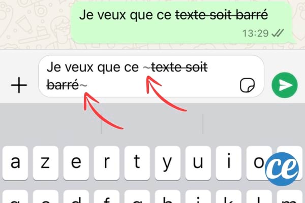 Un texte barré sur WhatsApp en utilisant le symbole ~ autour du texte