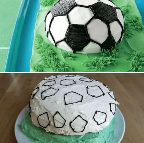 Un gâteau de football, ressemblant plus à un amas de glaçage qu'à un ballon.
