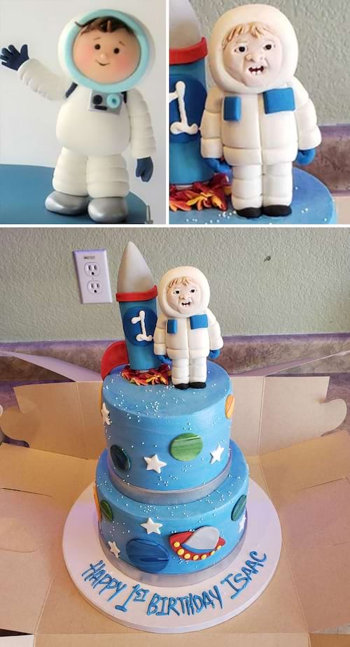 Gâteau d'astronaute à trois niveaux, deux réussis, un raté avec un visage déformé.