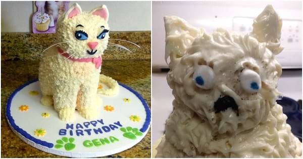 Gâteaux en forme de chat et de chien avec des traits exagérés.