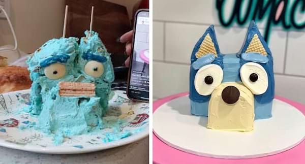 Deux gâteaux, un monstre bleu défiguré et un hibou aux grands yeux.