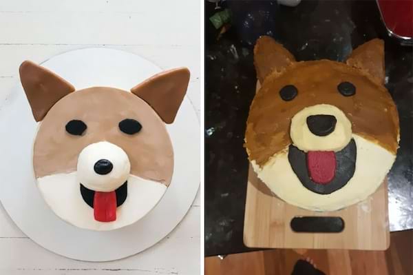 Deux gâteaux en forme de tête de chien corgi, un réussi, un raté.