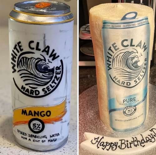 Gâteau en forme de canette de White Claw, détails manquants et finition rugueuse.
