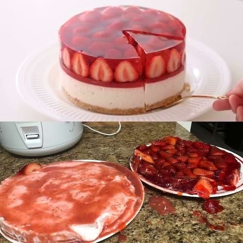 Gâteau fraisier coupé montrant fraises et gélatine rouge, aspect coulant et désordonné.