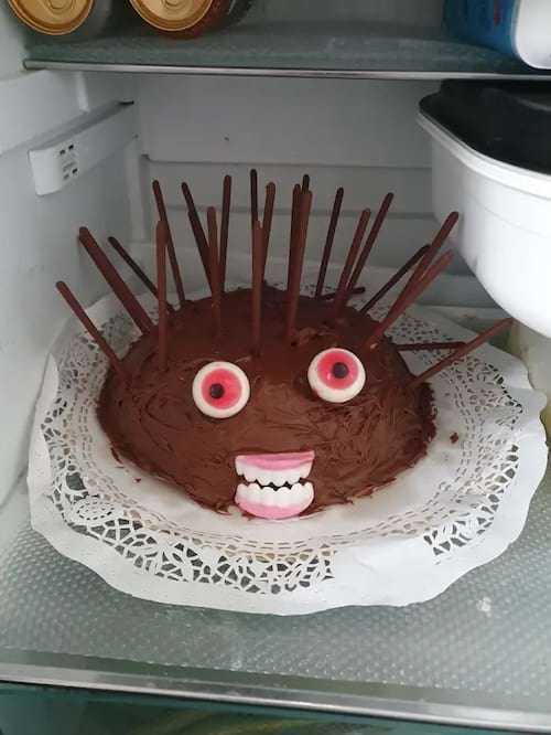 Gâteau étrange à l'allure de hérisson, yeux globuleux et picots chocolatés.