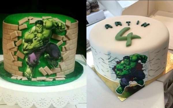 Gâteau représentant Hulk brisant un mur, visuel simplifié et couleurs fades.