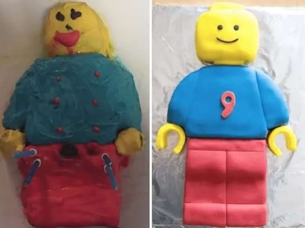 Un gâteau en forme de figurine Lego, disproportionné et mal fini.