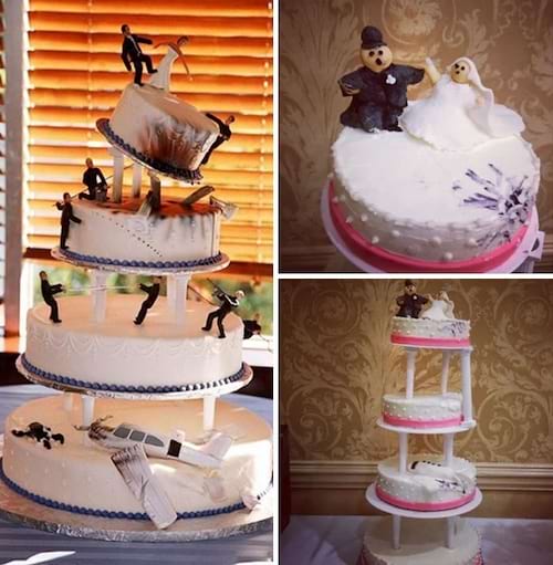 Gâteaux de mariage humoristiques avec des figurines représentant des catastrophes sur chaque étage.