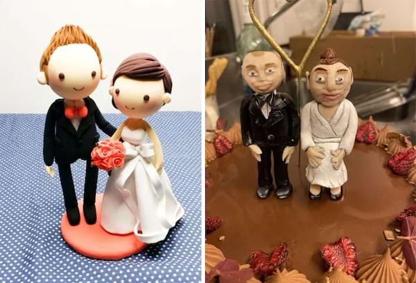 Deux figurines de mariage en pâte à sucre, l'une élégante, l'autre mal formée.
