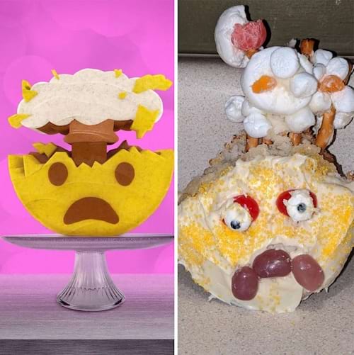 Gâteau rond jaune avec un visage exprimant une émotion ratée en bonbons.