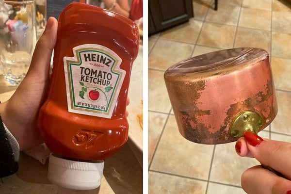 Ketchup appliqué sur cuivre pour test de nettoyage.