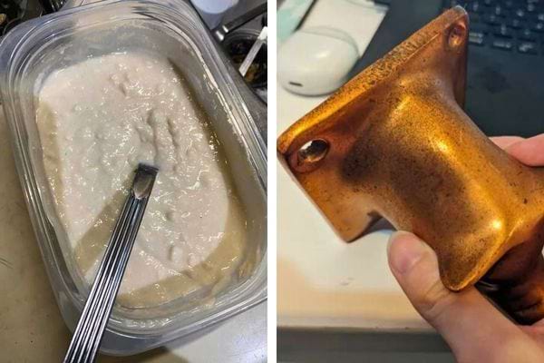 Purée blanche dans un récipient sur cuivre pour test de nettoyage.