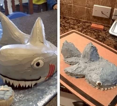 Un gâteau en forme de requin, à l'aspect peu réaliste.