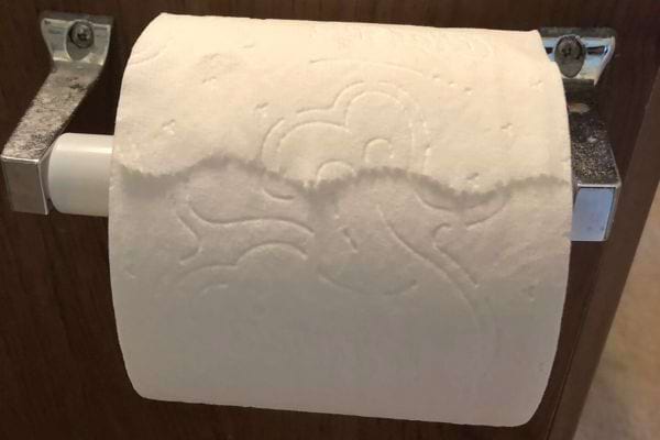 Rouleau de papier toilette sur un porte-rouleau, avec des motifs embossés.