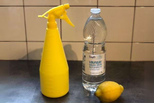 Spray jaune avec citron et vinaigre blanc, ingrédients pour recette de dégraissant naturel.