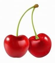 Deux cerises rouges luisantes attachées par leur tige verte.