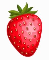 Une fraise rouge vif avec des graines dorées et une feuille verte.