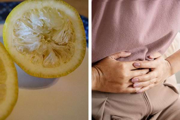 Citron entier et moitié exposés; femme tenant son ventre, air souffrant.