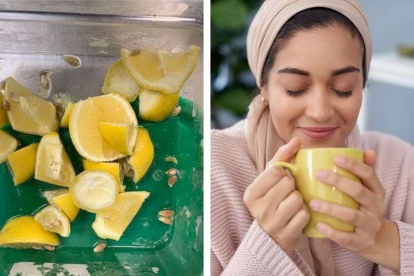 Restes de citrons jaunes; femme souriante tenant une tasse.