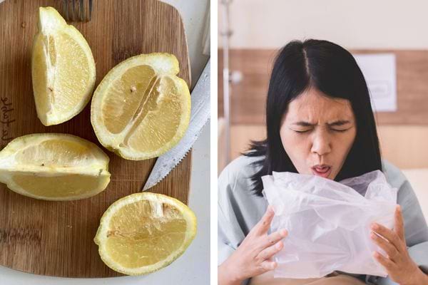 Citrons jaunes coupés sur planche; femme nauséeuse tenant un sac.