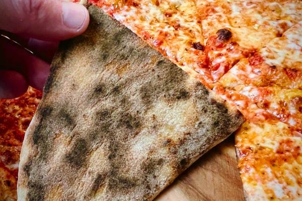 Dessous de pizza présentant des moisissures.