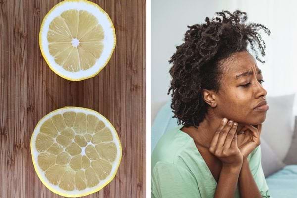 Tranche de citron jaune sur bois; femme touchant son cou, expression de douleur.