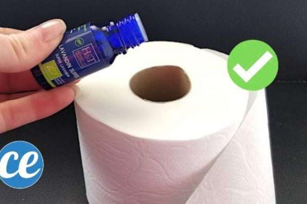 de l'huile essentielle versée sur un rouleau de papier toilette pour désodoriser les WC