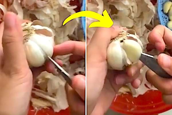 Une tête d'ail qui est épluché avec un couteau facilement