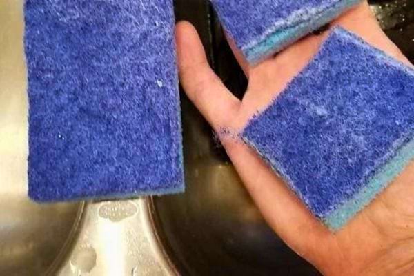 Éponge bleue découpée en trois morceaux.