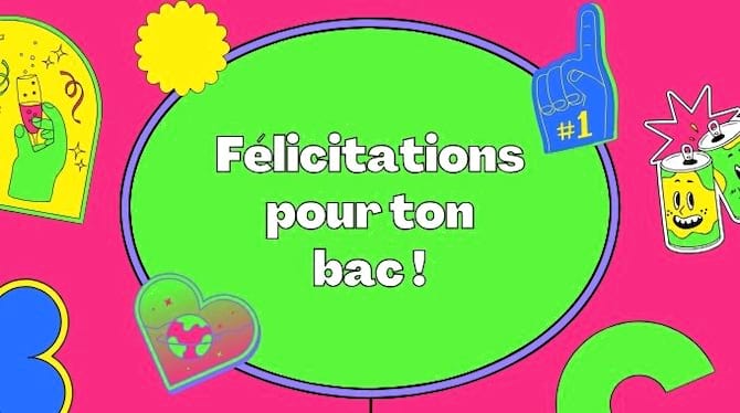 Fond rose et vert, éléments graphiques, texte "Félicitations pour ton bac".