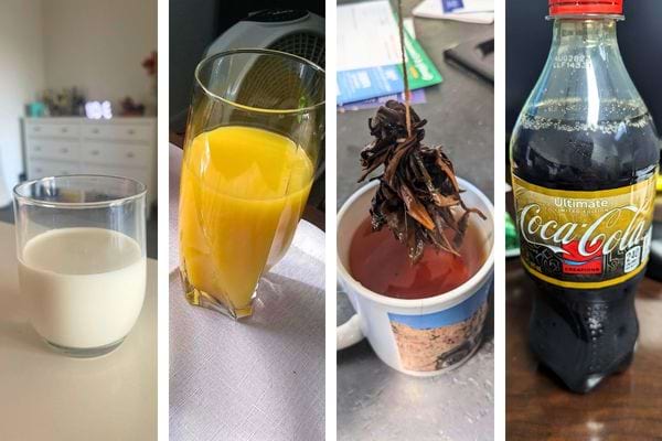 Verre de lait, Verre de jus d'orange, Tasse de thé avec une infusion de thé sec et une Bouteille de Coca-Cola 