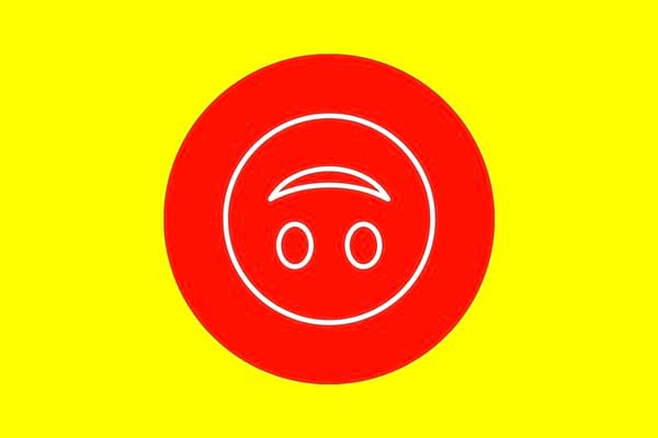 Un smiley à l'envers blanc sur cercle rouge, fond jaune.