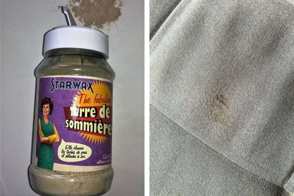 Terre de Sommières et tache sur tissu gris.