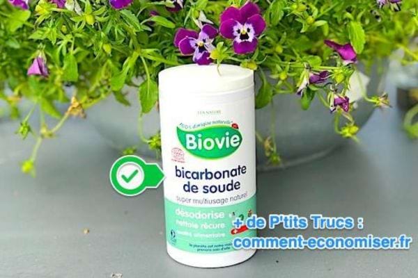 un pot Biovie de bicarbonate de sodium devant des fleurs