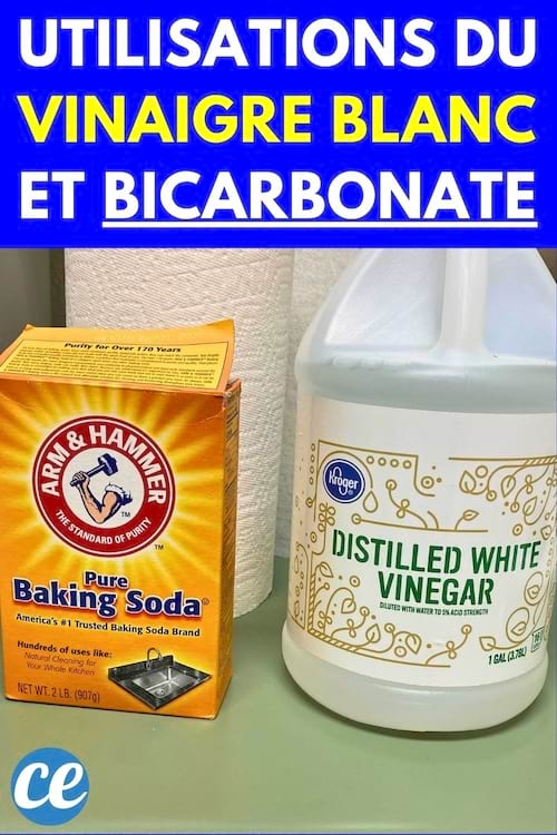 Bicarbonate de soude avec uen bouteille de vinaigre blanc