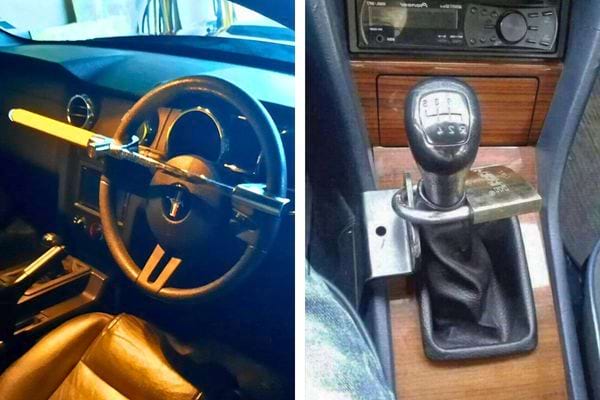 Barre antivol sur un volant de voiture et antivol sur le levier de vitesse.