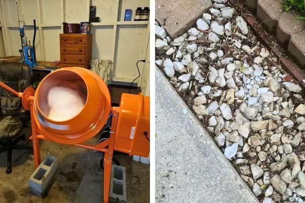 Bétonnière orange en action, bordure de jardin avec cailloux blancs.