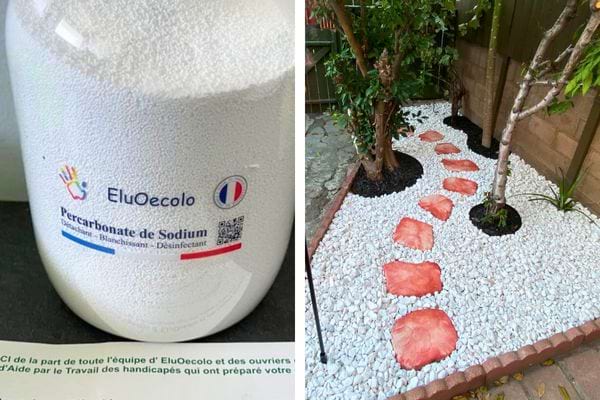 Bouteille de percarbonate de sodium, sentier de jardin avec cailloux blancs.