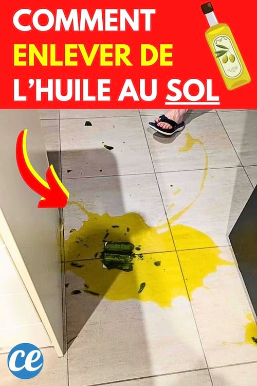 De l'huile d'olive qui est tombée sur le sol car une bouteille s'est cassée