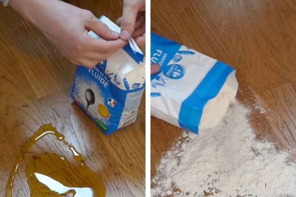 Farine et huile renversées sur le sol.