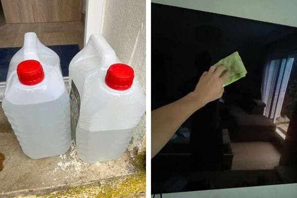 Deux jerricanes de liquide et main nettoyant un écran.